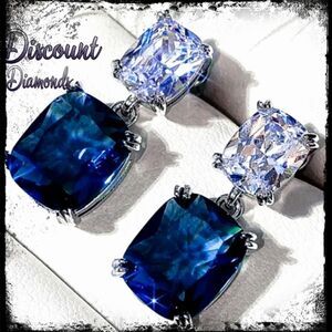 Deep Sea Blue & White Dangle Stud Sapphire Earrings  on 925 Silver